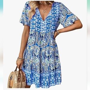 Women's Summer V Neck Boho Ethnic Print Casual Loose Fit Dress -NWOT